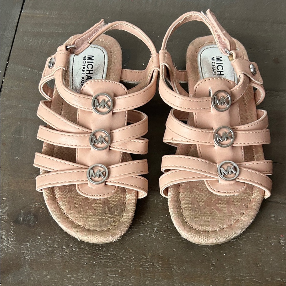 Michael Kors Girl’s Blush Pink Velcro Strappy Sandals with MK Medallions